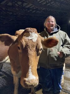 Victoria Baker of Naturally Golden Family Farms with a Guernsey cow