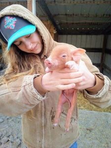 Emalee Vickers holds a Red Wattle piglet